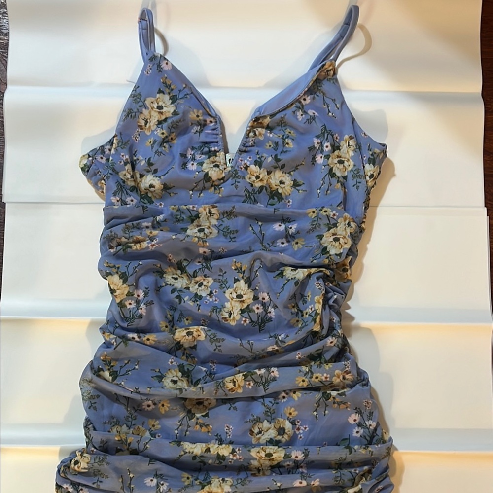 Floral Blue Ruched Dress